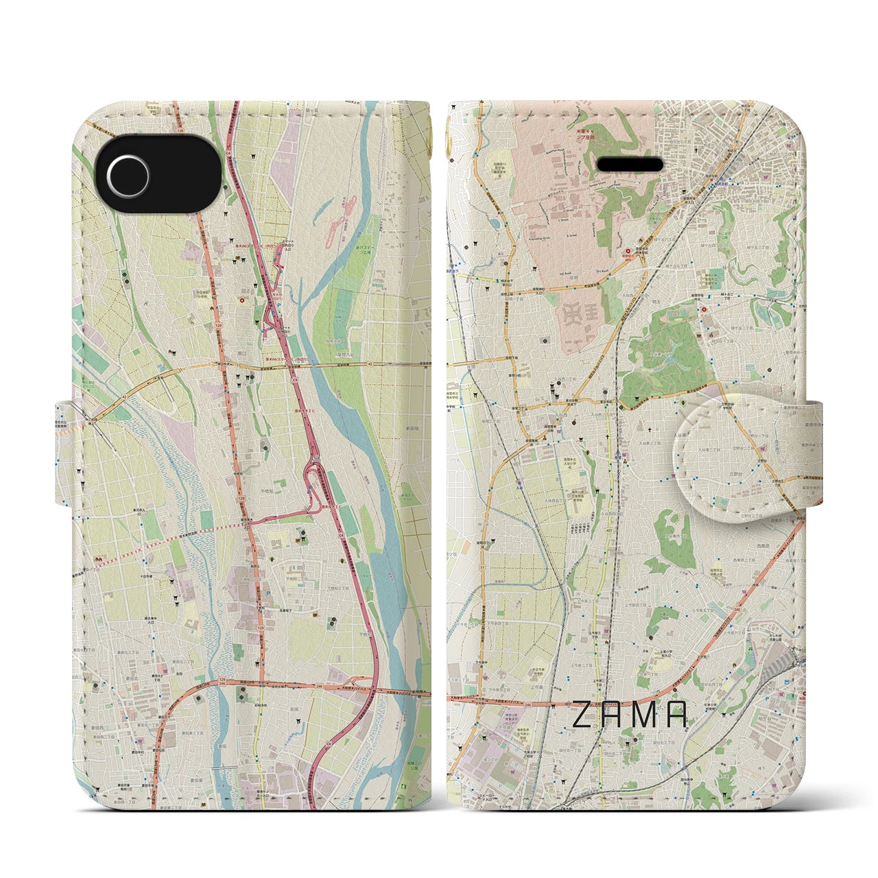 【座間(神奈川県)】地図柄iPhoneケース(手帳タイプ)ナチュラル・iPhone SE(第3 / 第2世代) / 8 / 7 / 6s / 6 用