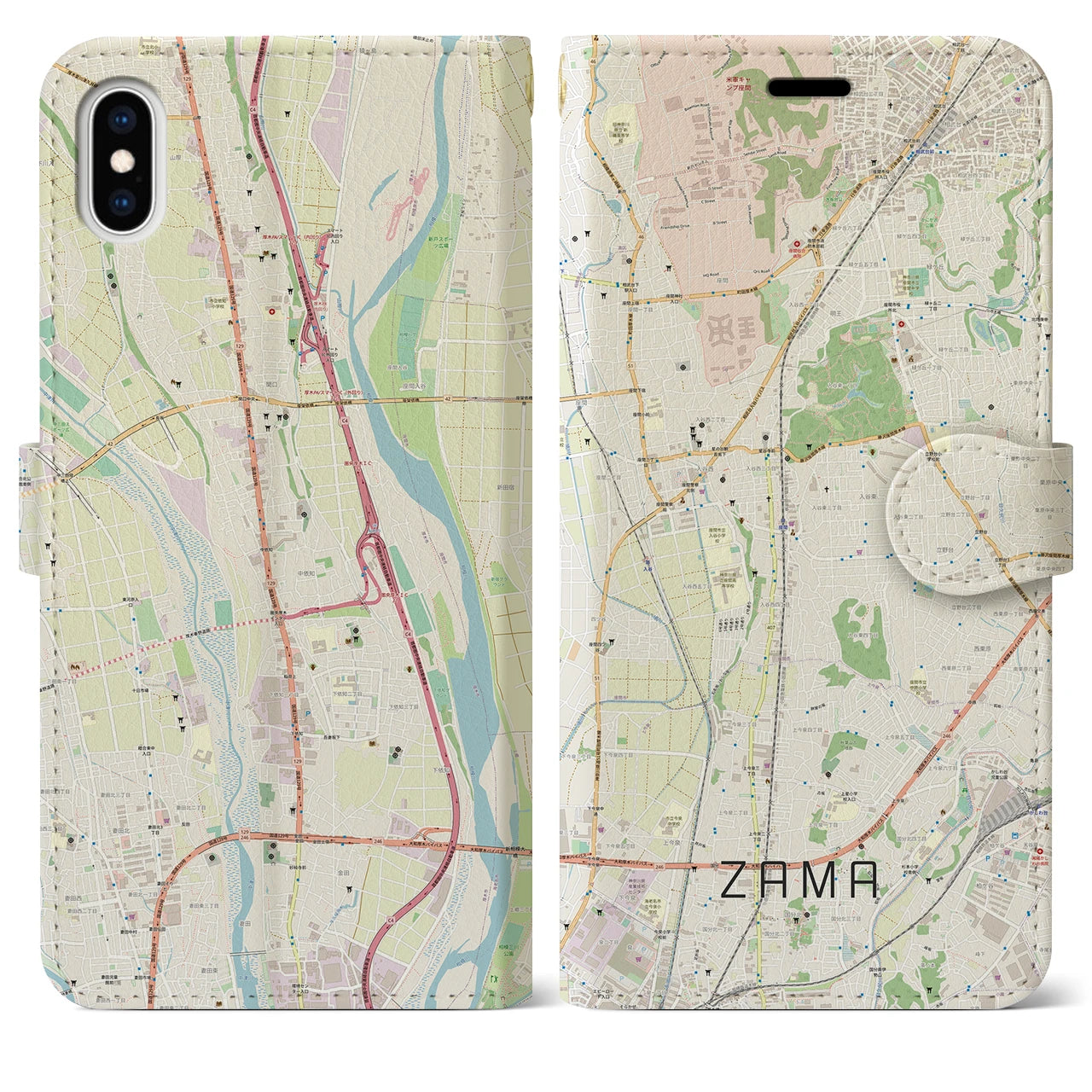 【座間(神奈川県)】地図柄iPhoneケース(手帳タイプ)ナチュラル・iPhone XS Max 用
