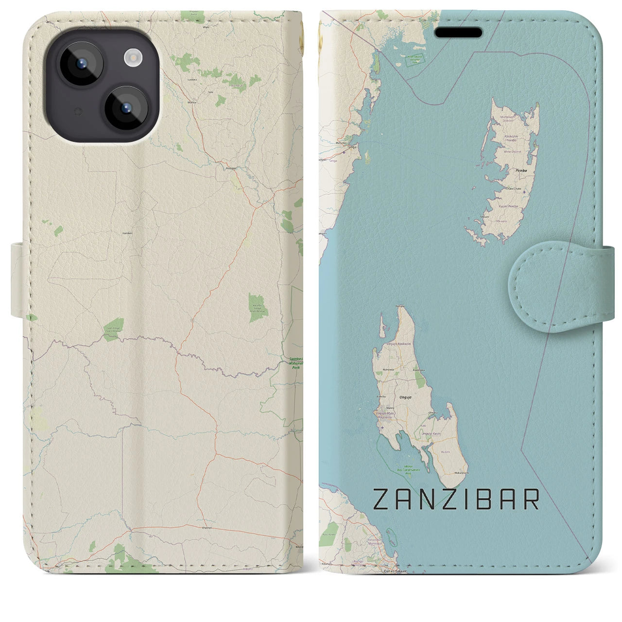 【ザンジバル(タンザニア)】地図柄iPhoneケース(手帳タイプ)ナチュラル・iPhone 14 Plus 用