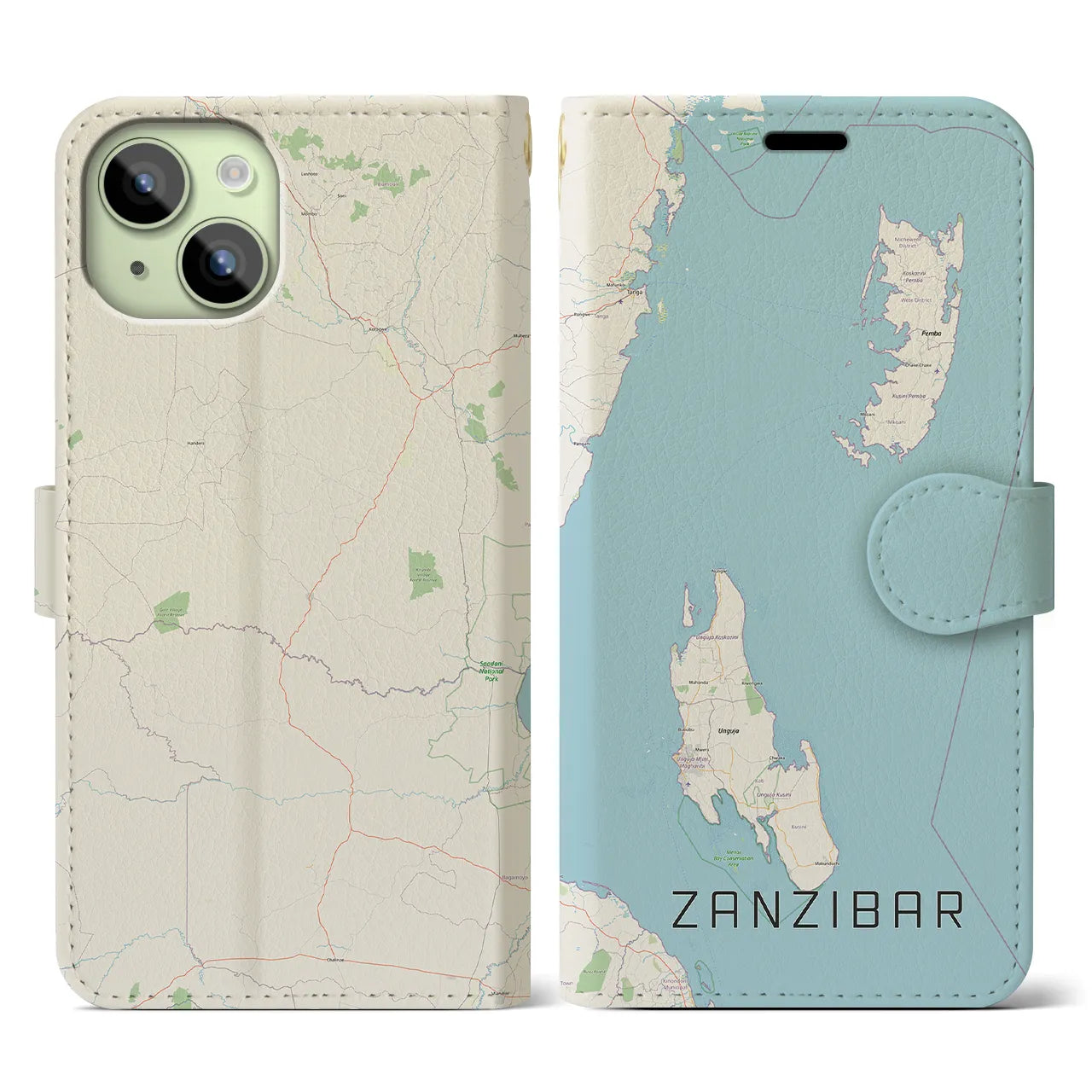 【ザンジバル(タンザニア)】地図柄iPhoneケース(手帳タイプ)ナチュラル・iPhone 15 用