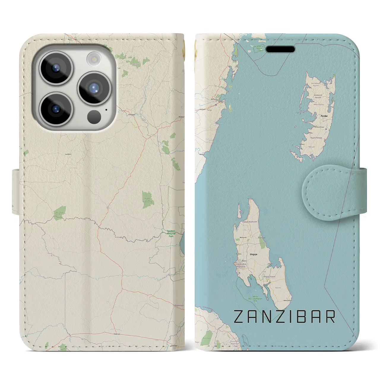 【ザンジバル(タンザニア)】地図柄iPhoneケース(手帳タイプ)ナチュラル・iPhone 15 Pro 用