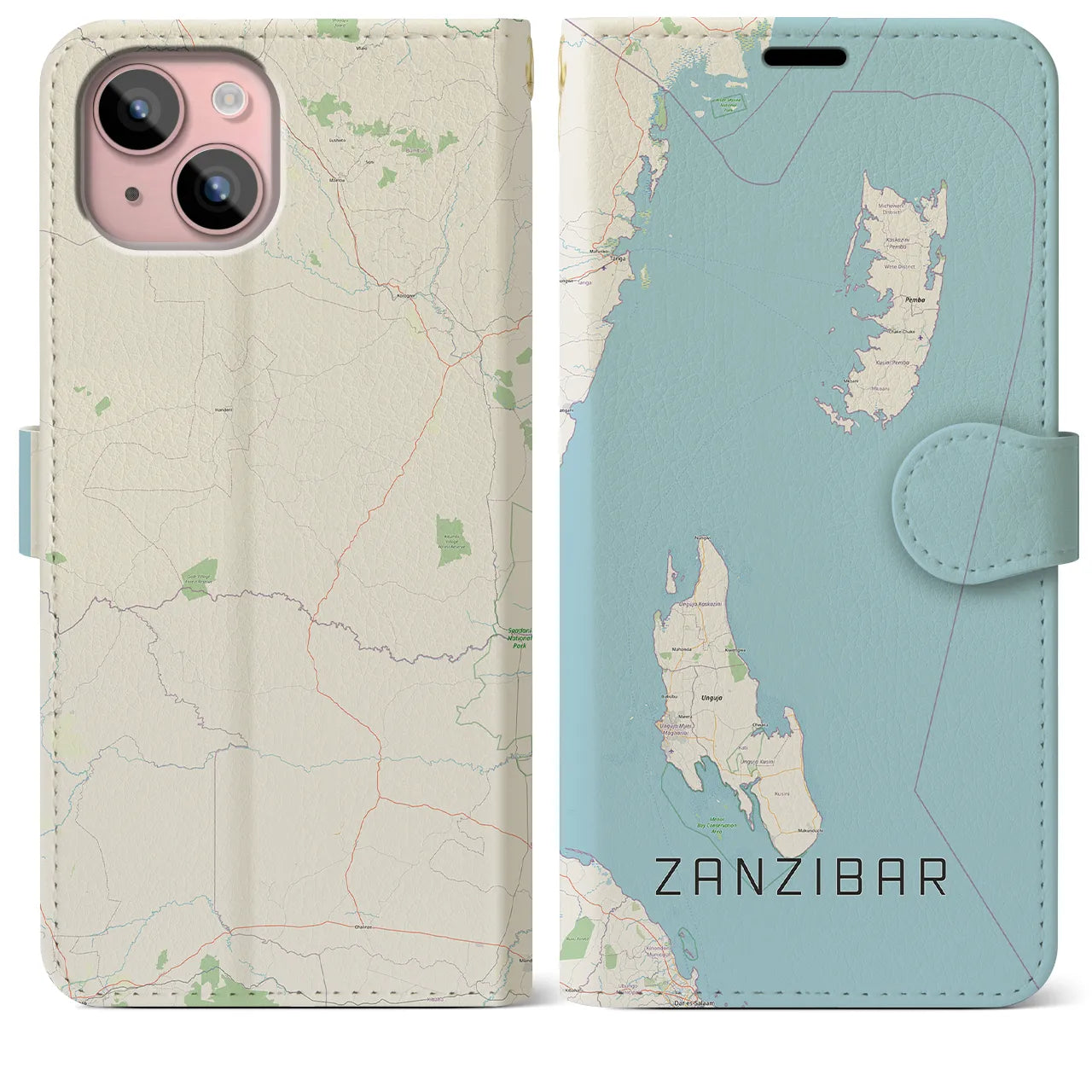 【ザンジバル(タンザニア)】地図柄iPhoneケース(手帳タイプ)ナチュラル・iPhone 15 Plus 用