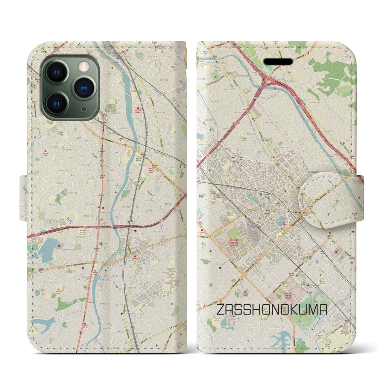 【雑餉隈(福岡県)】地図柄iPhoneケース(手帳タイプ)ナチュラル・iPhone 11 Pro 用