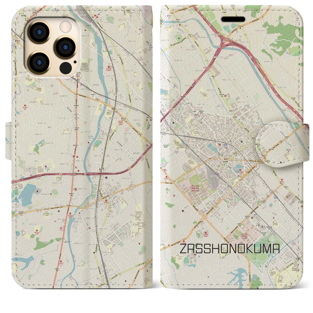 【雑餉隈(福岡県)】地図柄iPhoneケース(手帳タイプ)ナチュラル・iPhone 12 Pro Max 用