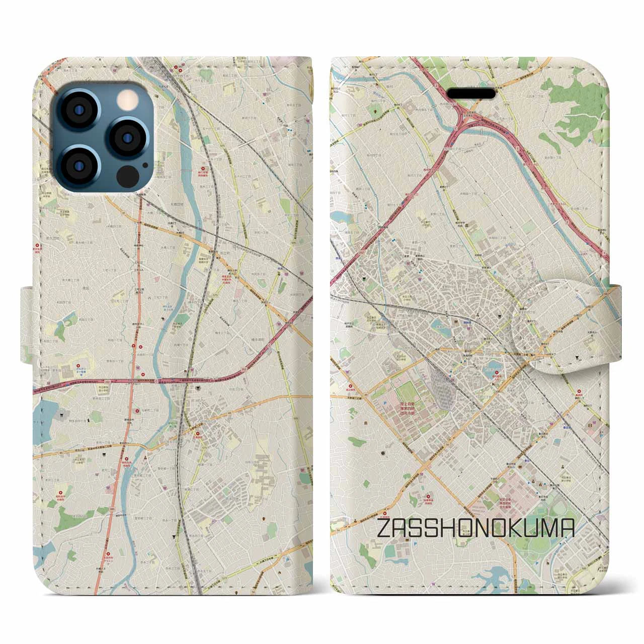 【雑餉隈(福岡県)】地図柄iPhoneケース(手帳タイプ)ナチュラル・iPhone 12 / 12 Pro 用