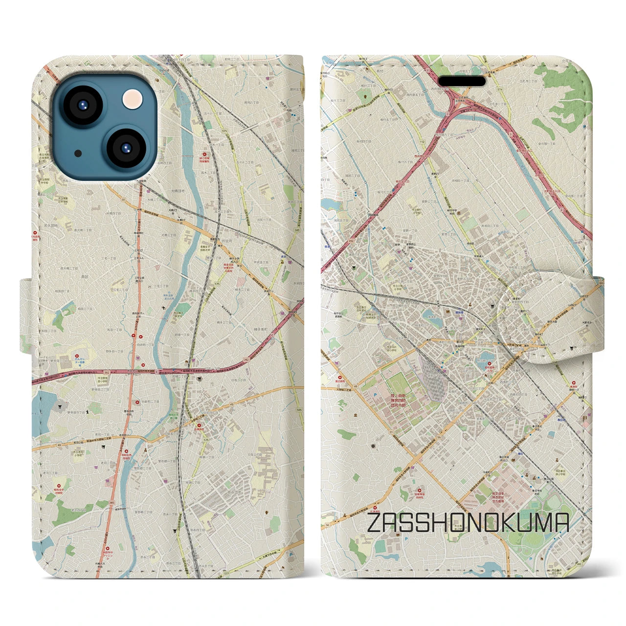 【雑餉隈(福岡県)】地図柄iPhoneケース(手帳タイプ)ナチュラル・iPhone 13 Pro 用