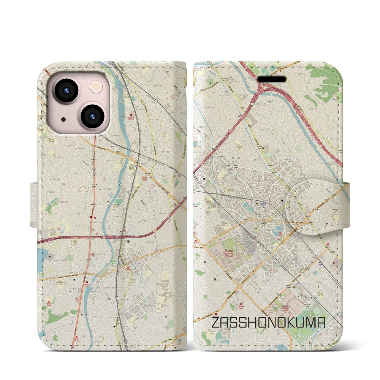 【雑餉隈(福岡県)】地図柄iPhoneケース(手帳タイプ)ナチュラル・iPhone 13 mini 用