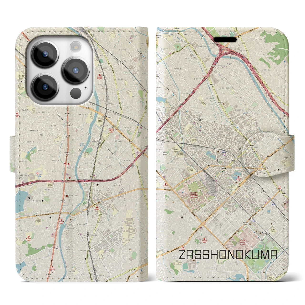 【雑餉隈(福岡県)】地図柄iPhoneケース(手帳タイプ)ナチュラル・iPhone 14 Pro 用