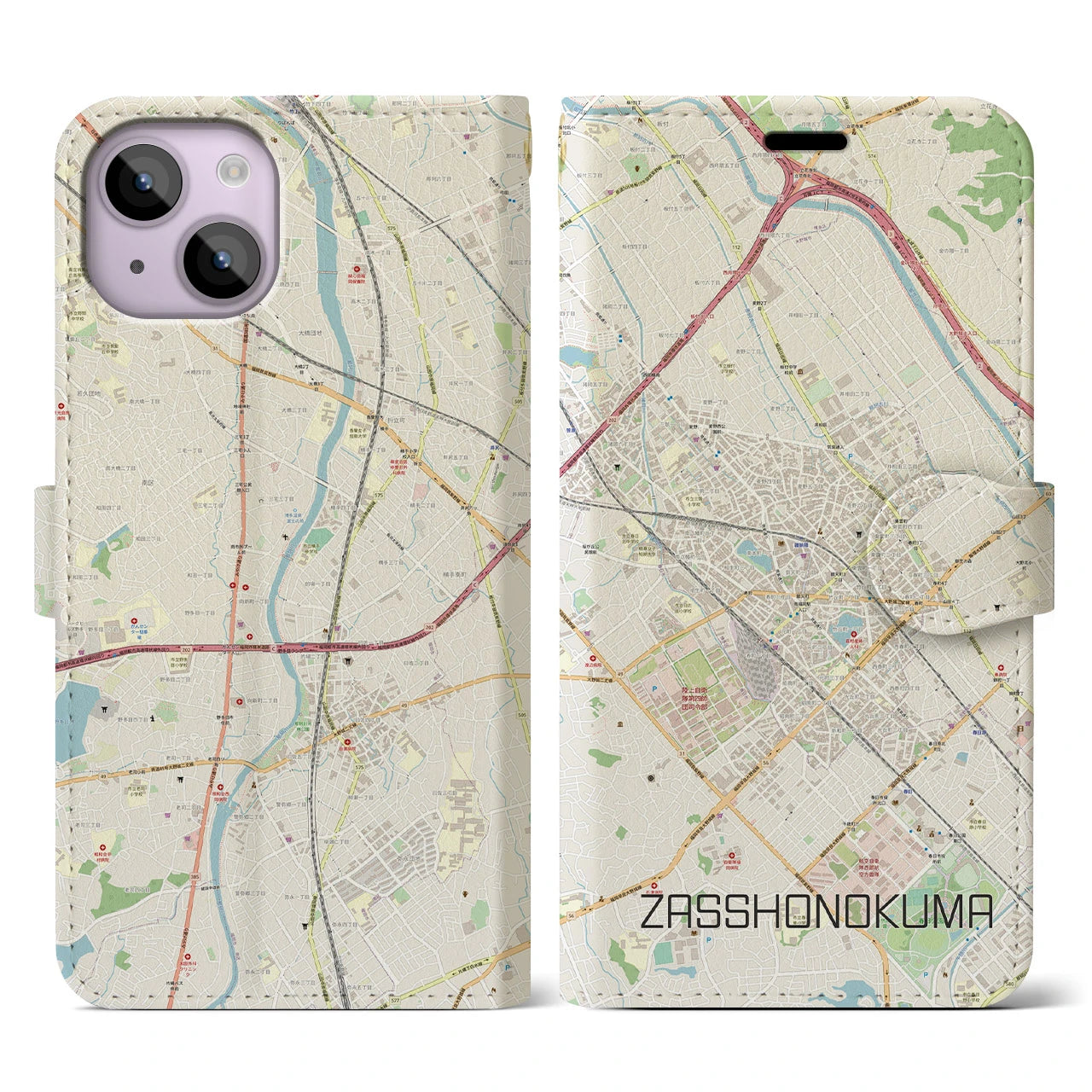 【雑餉隈(福岡県)】地図柄iPhoneケース(手帳タイプ)ナチュラル・iPhone 14 用