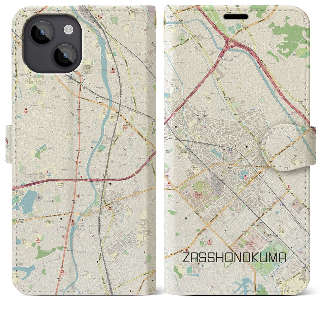 【雑餉隈(福岡県)】地図柄iPhoneケース(手帳タイプ)ナチュラル・iPhone 14 Plus 用