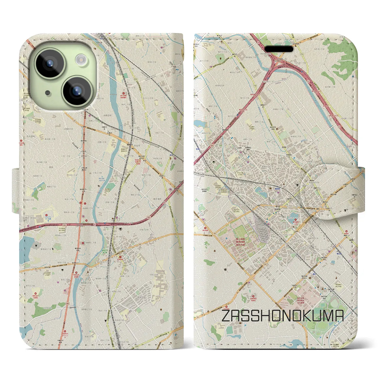 【雑餉隈(福岡県)】地図柄iPhoneケース(手帳タイプ)ナチュラル・iPhone 15 用