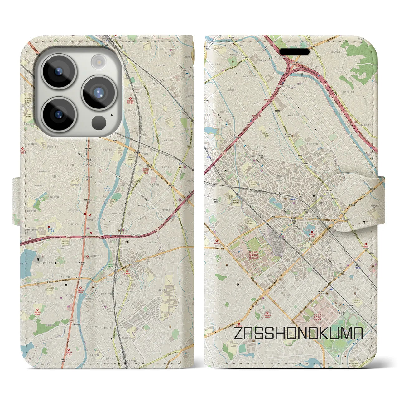 【雑餉隈(福岡県)】地図柄iPhoneケース(手帳タイプ)ナチュラル・iPhone 15 Pro 用