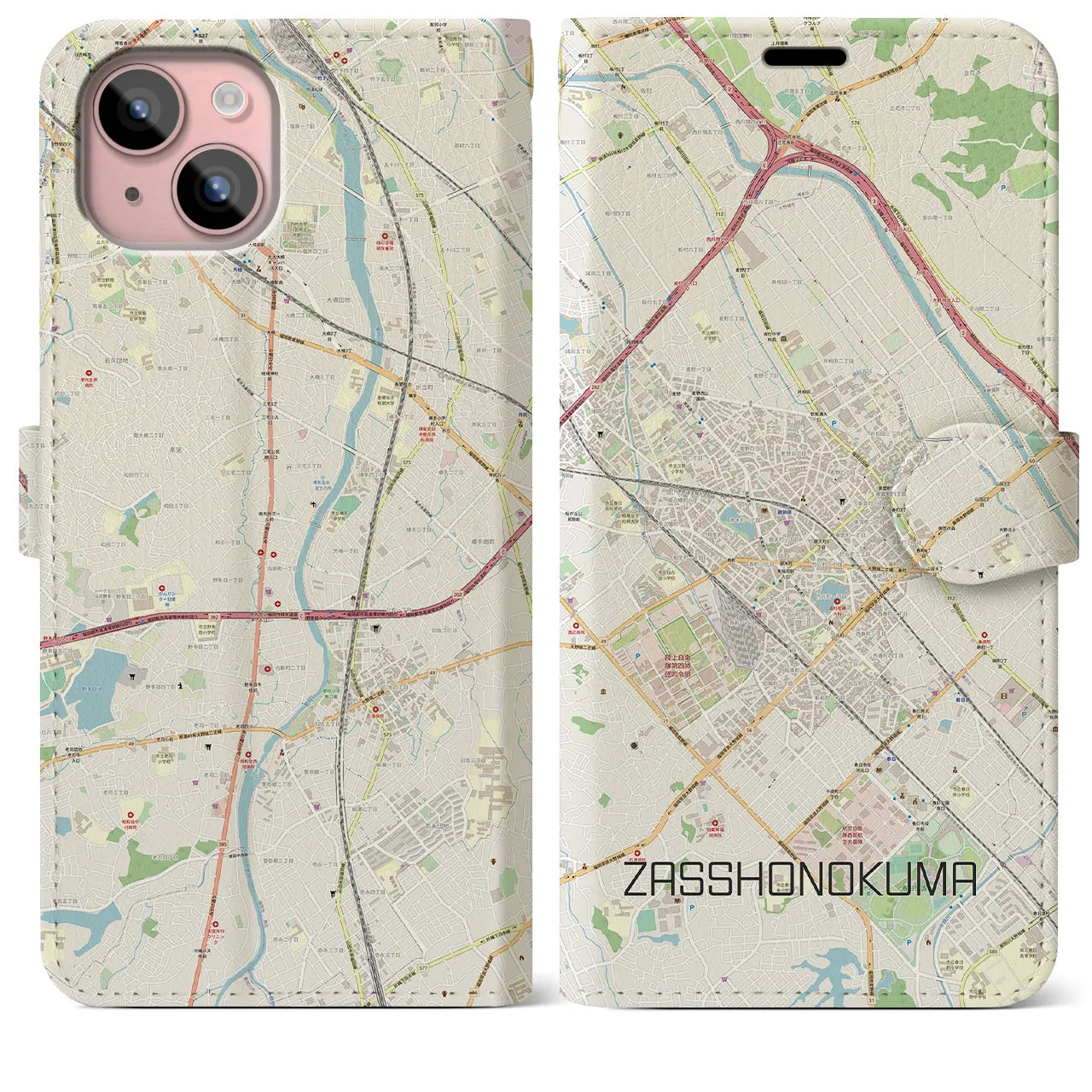 【雑餉隈(福岡県)】地図柄iPhoneケース(手帳タイプ)ナチュラル・iPhone 15 Plus 用