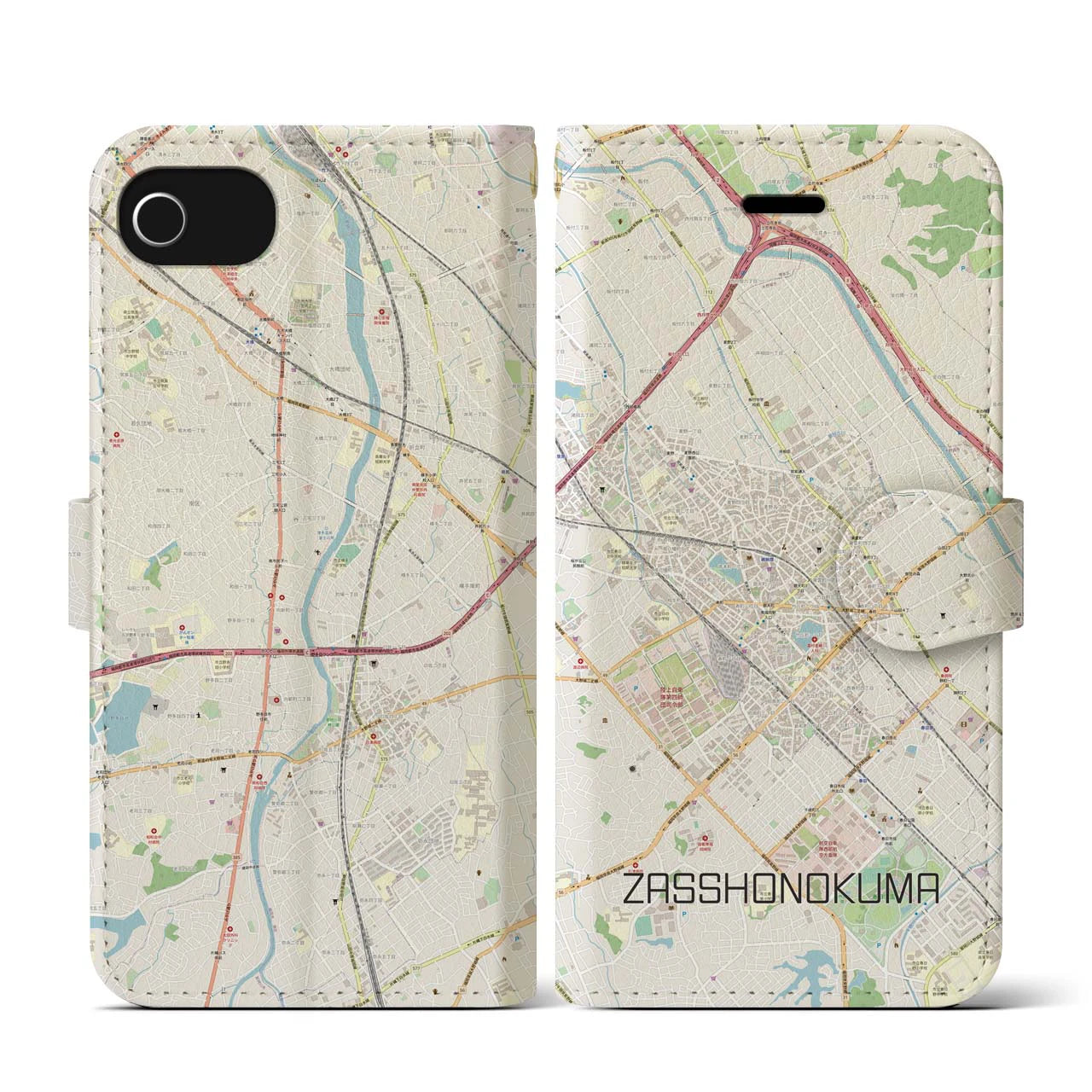 【雑餉隈(福岡県)】地図柄iPhoneケース(手帳タイプ)ナチュラル・iPhone SE(第3 / 第2世代) / 8 / 7 / 6s / 6 用