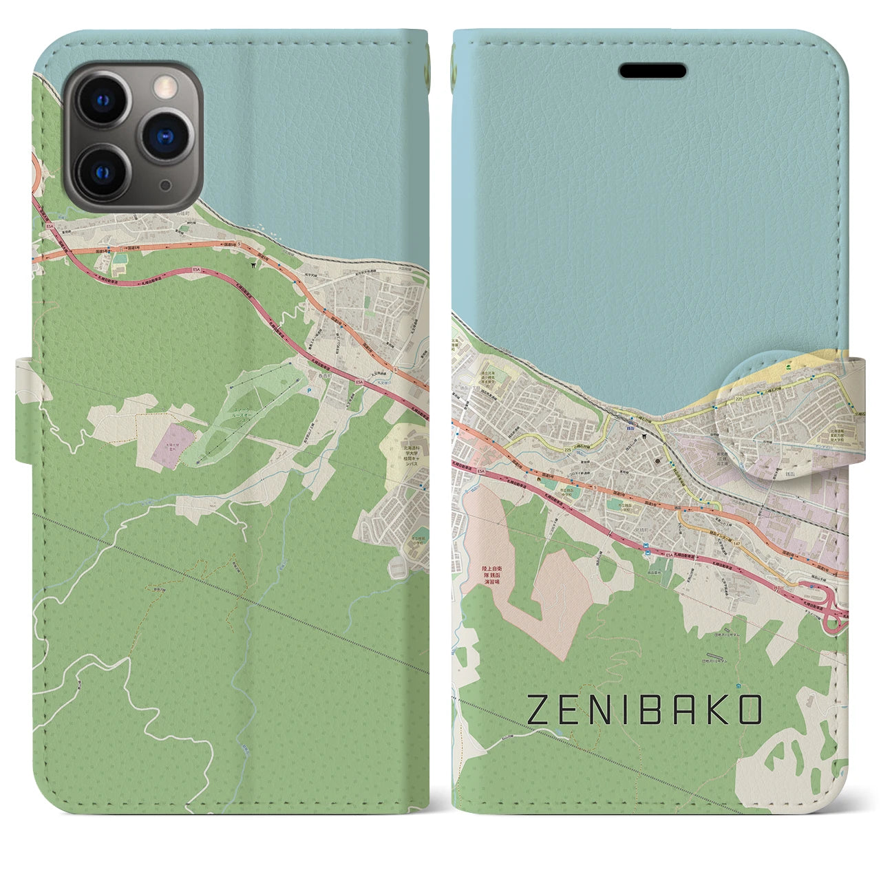 【銭函(北海道)】地図柄iPhoneケース(手帳タイプ)ナチュラル・iPhone 11 Pro Max 用