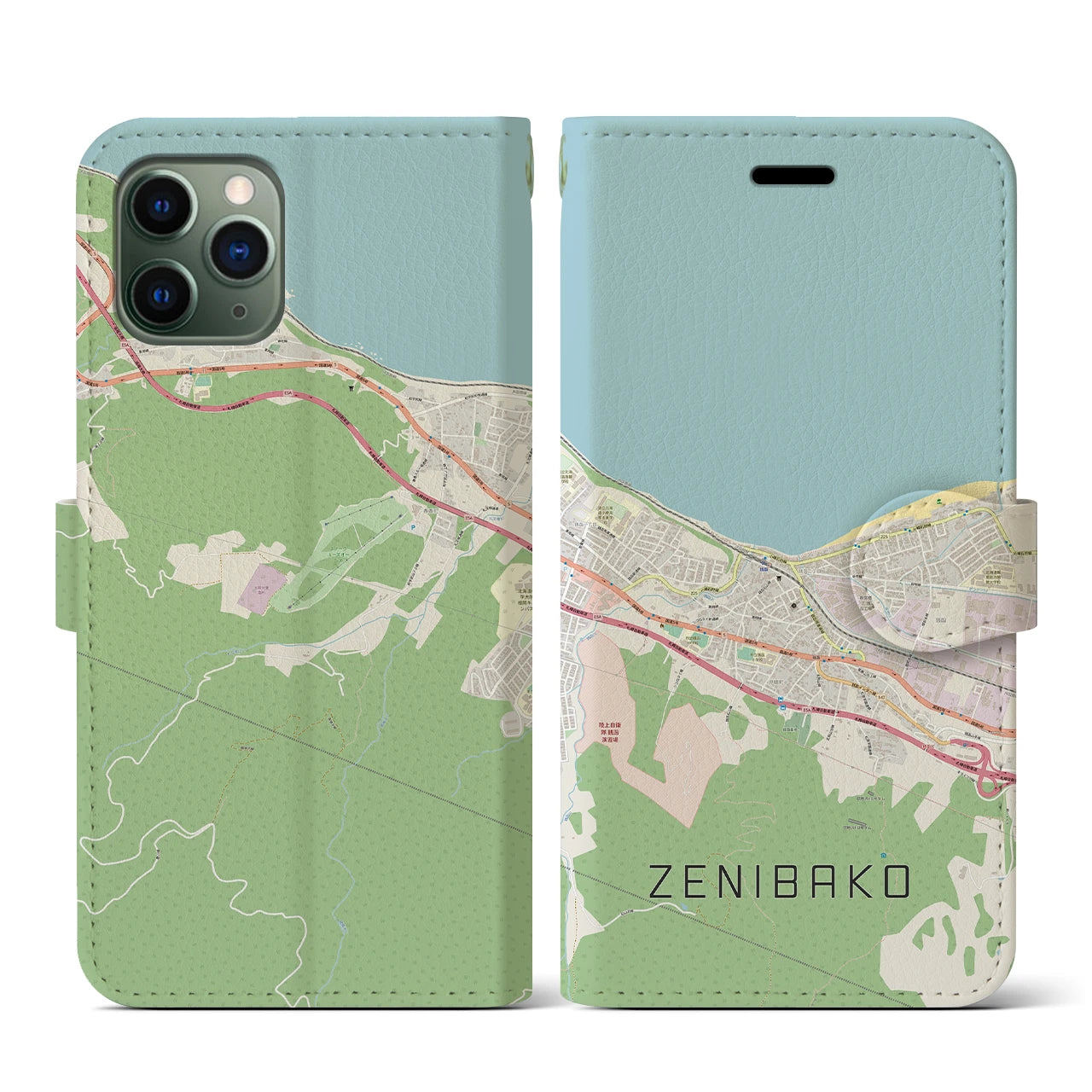 【銭函(北海道)】地図柄iPhoneケース(手帳タイプ)ナチュラル・iPhone 11 Pro 用