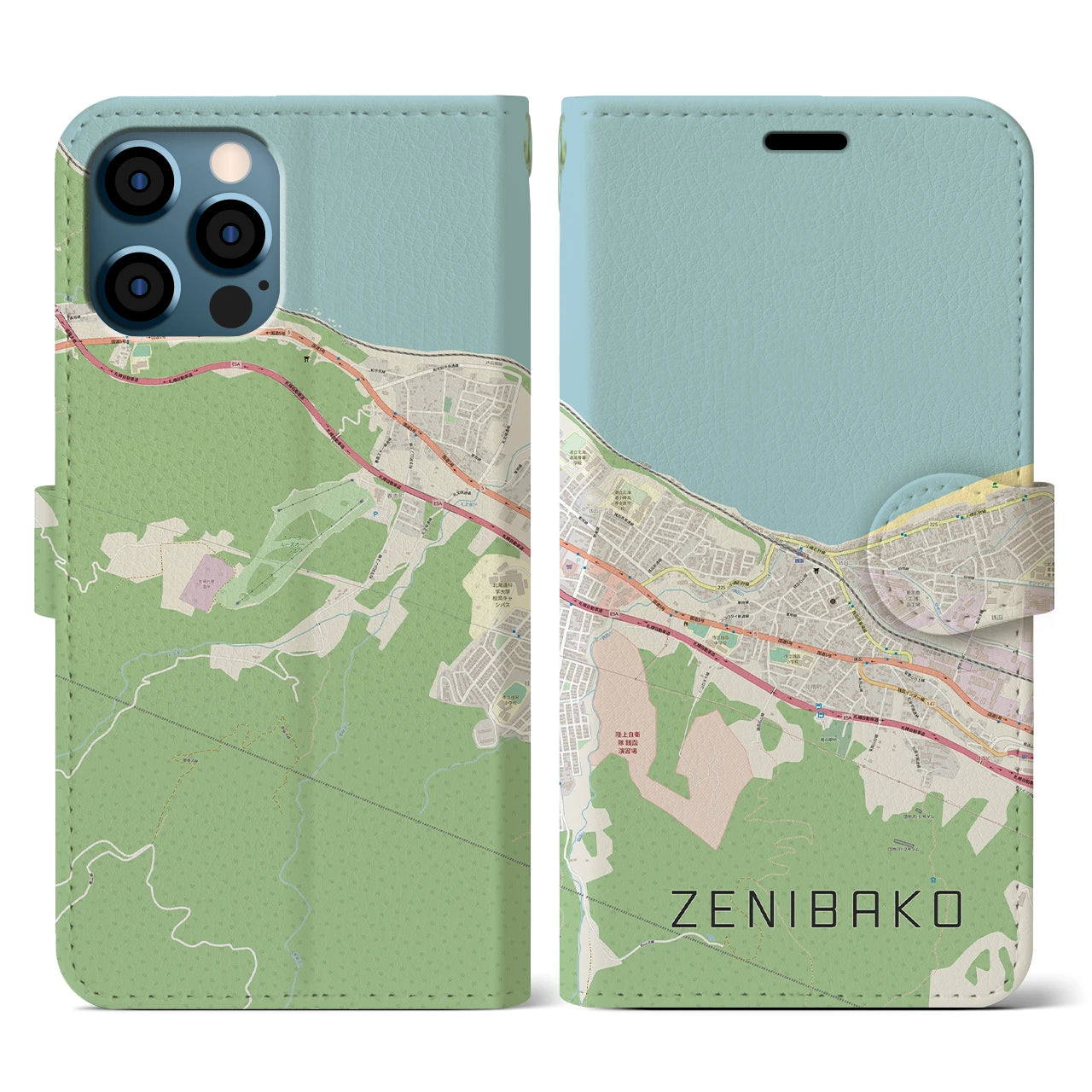 【銭函(北海道)】地図柄iPhoneケース(手帳タイプ)ナチュラル・iPhone 12 / 12 Pro 用