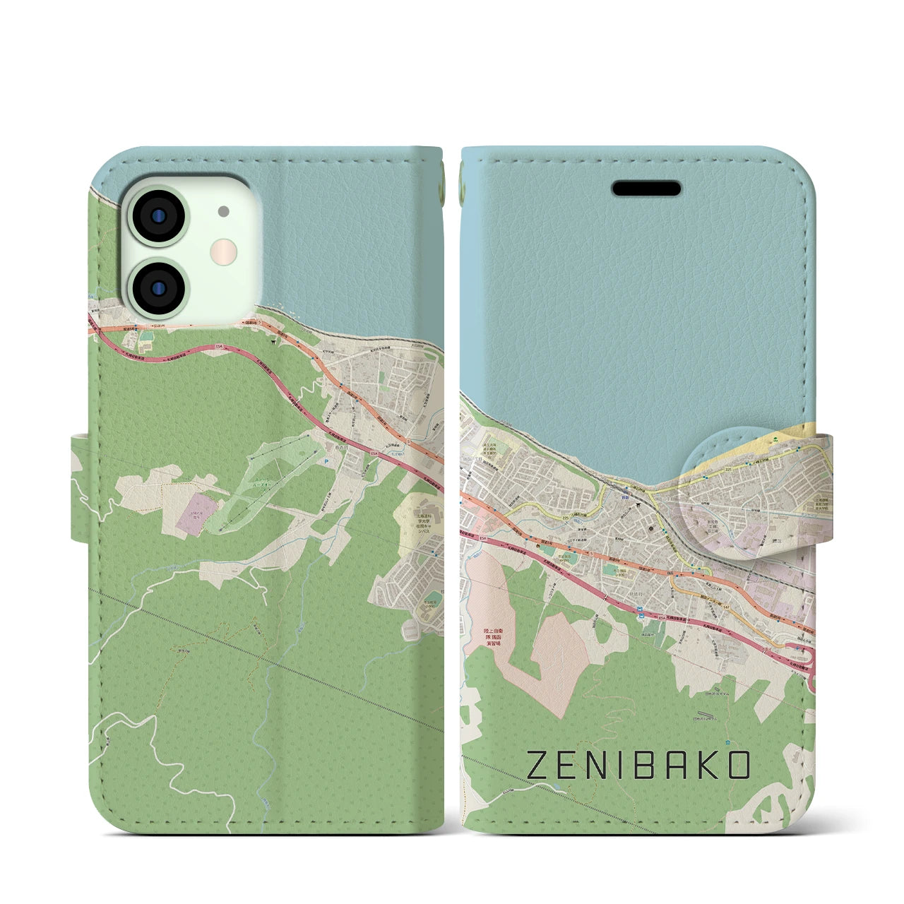 【銭函(北海道)】地図柄iPhoneケース(手帳タイプ)ナチュラル・iPhone 12 mini 用