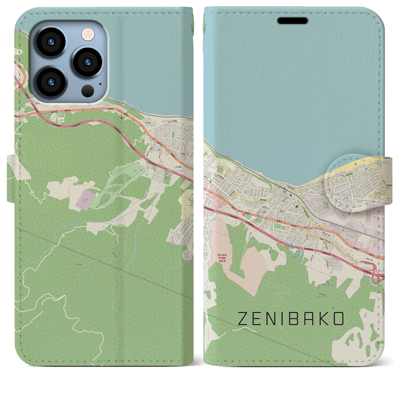 【銭函(北海道)】地図柄iPhoneケース(手帳タイプ)ナチュラル・iPhone 13 Pro Max 用
