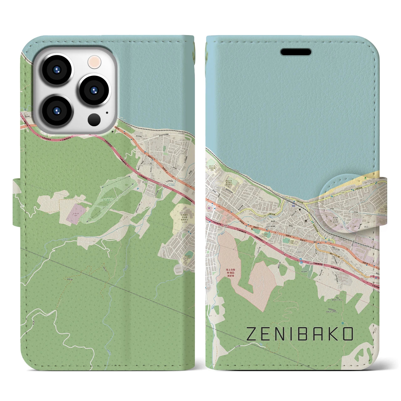 【銭函(北海道)】地図柄iPhoneケース(手帳タイプ)ナチュラル・iPhone 13 Pro 用