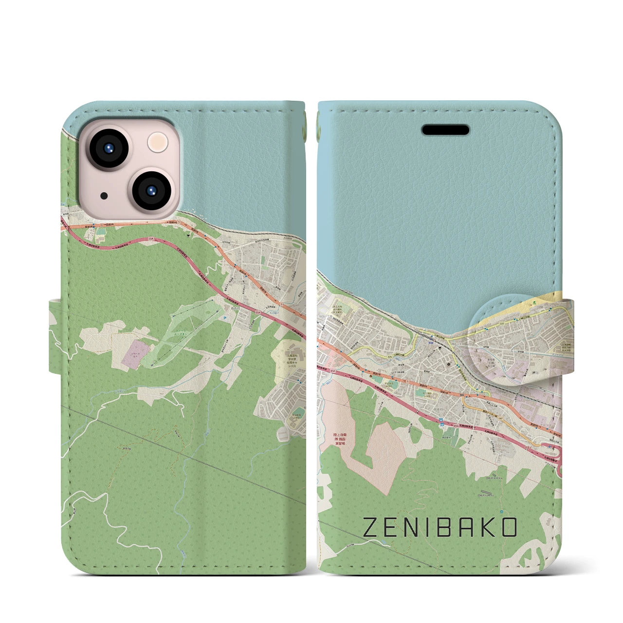 【銭函(北海道)】地図柄iPhoneケース(手帳タイプ)ナチュラル・iPhone 13 mini 用