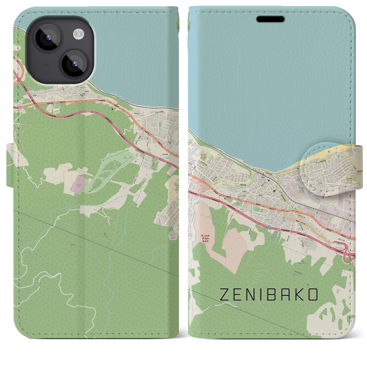 【銭函(北海道)】地図柄iPhoneケース(手帳タイプ)ナチュラル・iPhone 14 Plus 用