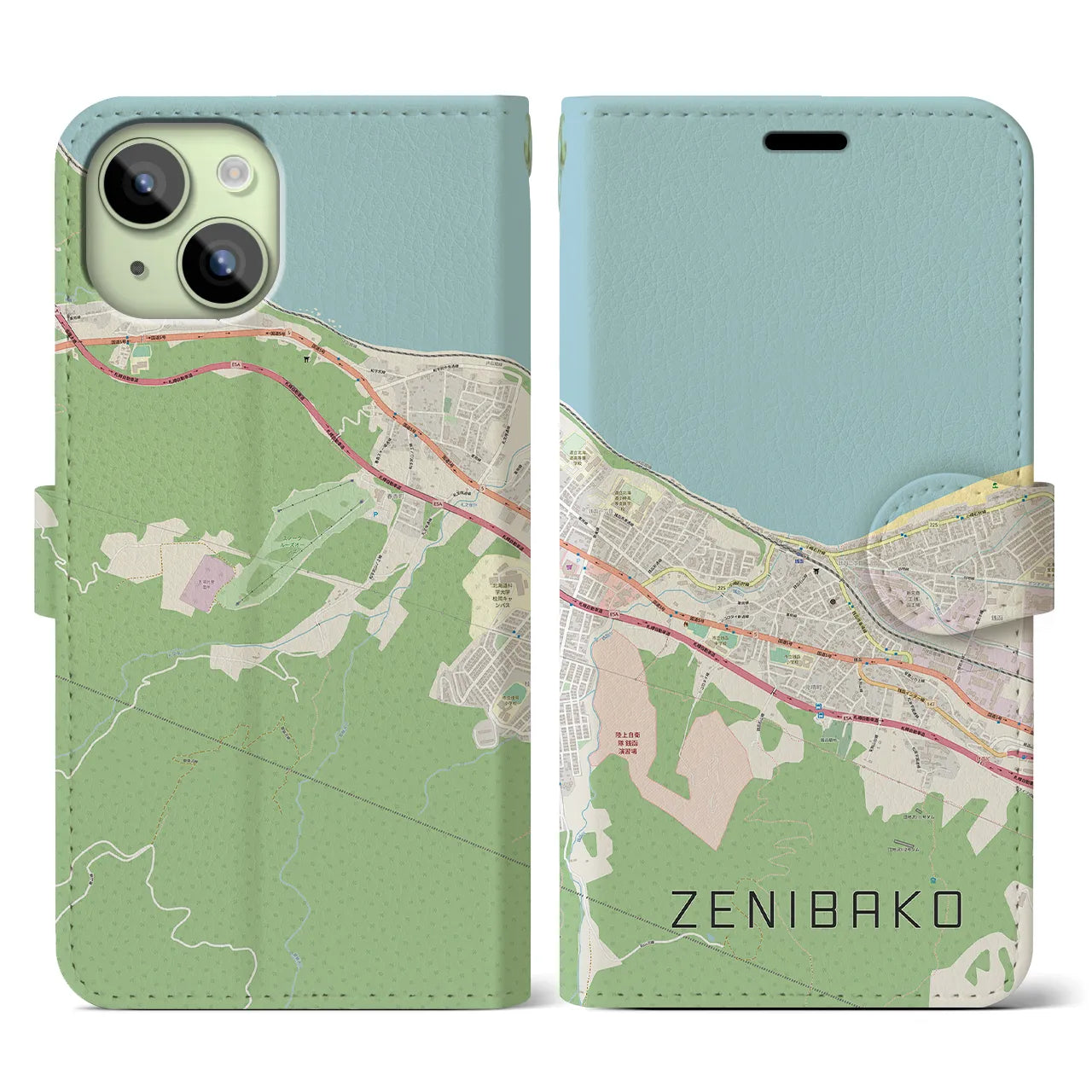 【銭函(北海道)】地図柄iPhoneケース(手帳タイプ)ナチュラル・iPhone 15 用