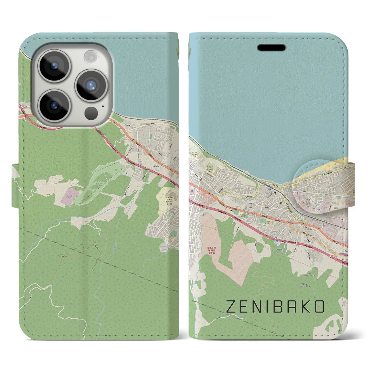 【銭函(北海道)】地図柄iPhoneケース(手帳タイプ)ナチュラル・iPhone 15 Pro 用