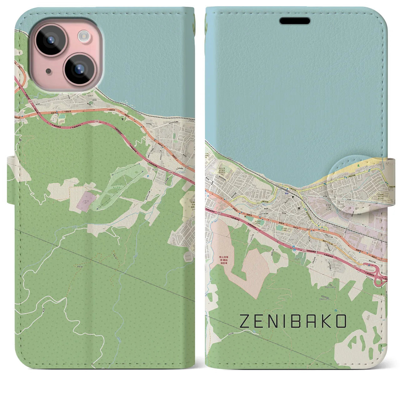 【銭函(北海道)】地図柄iPhoneケース(手帳タイプ)ナチュラル・iPhone 15 Plus 用