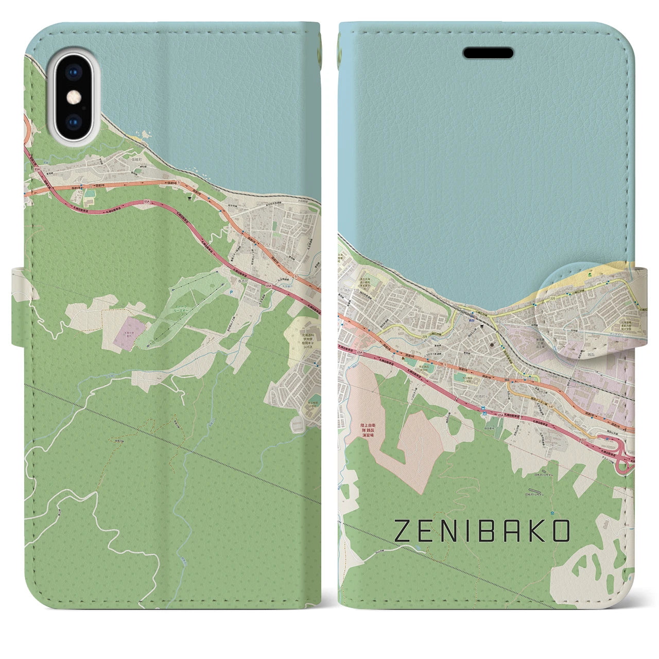 【銭函(北海道)】地図柄iPhoneケース(手帳タイプ)ナチュラル・iPhone XS Max 用