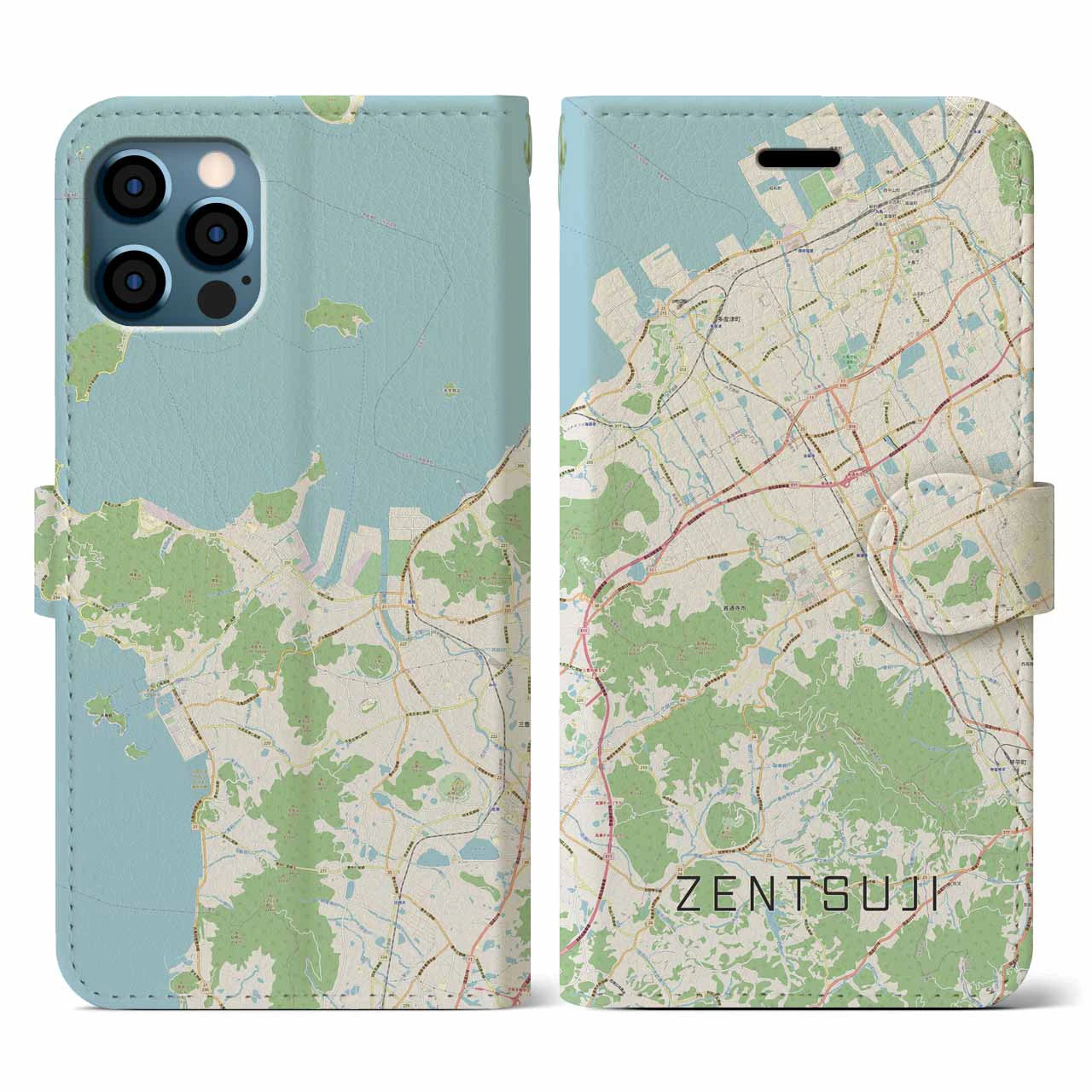 【善通寺(香川県)】地図柄iPhoneケース(手帳タイプ)ナチュラル・iPhone 12 / 12 Pro 用