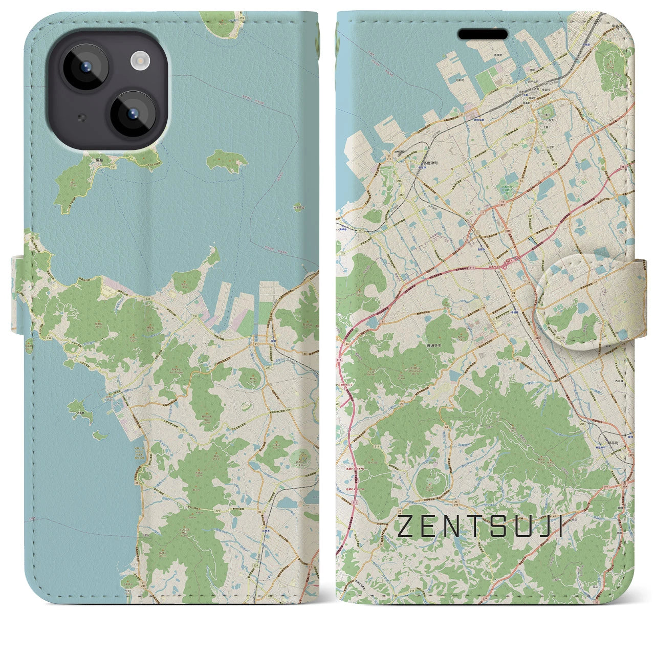 【善通寺(香川県)】地図柄iPhoneケース(手帳タイプ)ナチュラル・iPhone 14 Plus 用