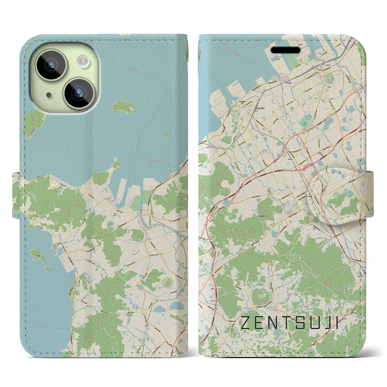 【善通寺(香川県)】地図柄iPhoneケース(手帳タイプ)ナチュラル・iPhone 15 用