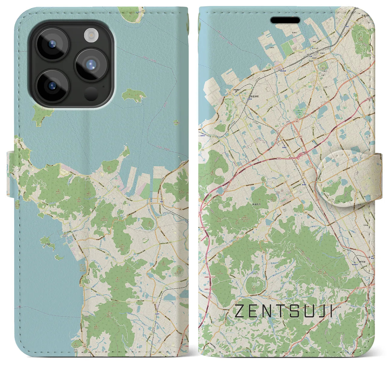 【善通寺(香川県)】地図柄iPhoneケース(手帳タイプ)ナチュラル・iPhone 15 Pro Max 用