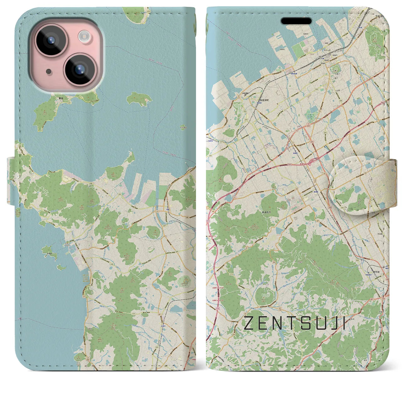 【善通寺(香川県)】地図柄iPhoneケース(手帳タイプ)ナチュラル・iPhone 15 Plus 用