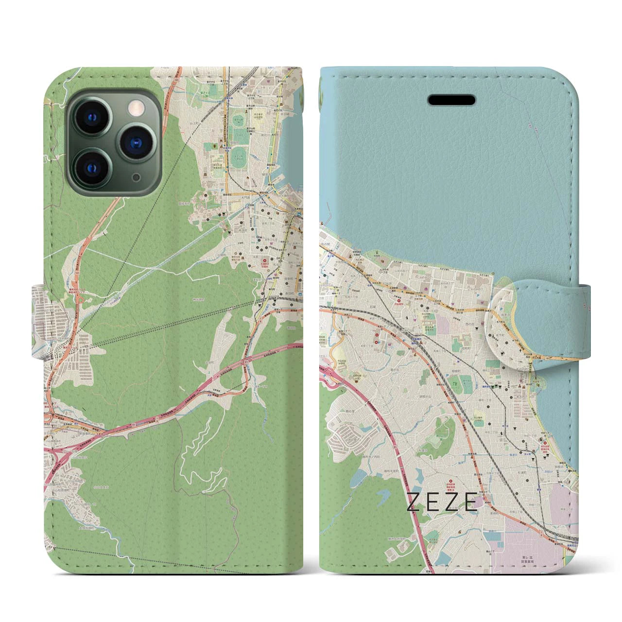 【膳所(滋賀県)】地図柄iPhoneケース(手帳タイプ)ナチュラル・iPhone 11 Pro 用