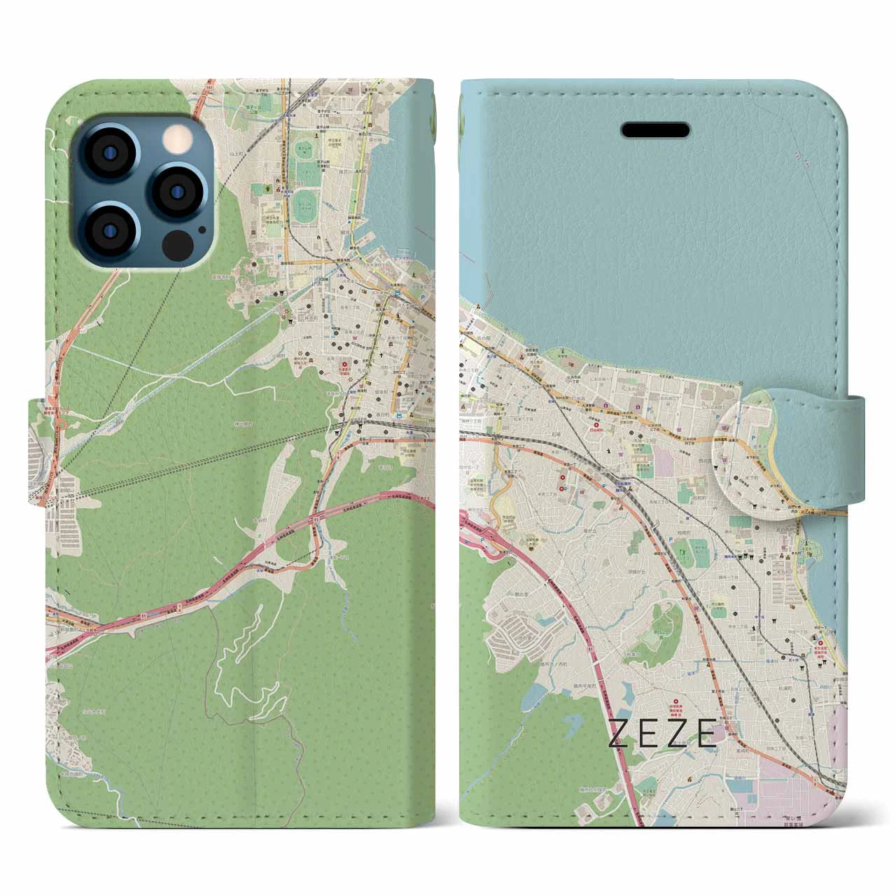 【膳所(滋賀県)】地図柄iPhoneケース(手帳タイプ)ナチュラル・iPhone 12 / 12 Pro 用