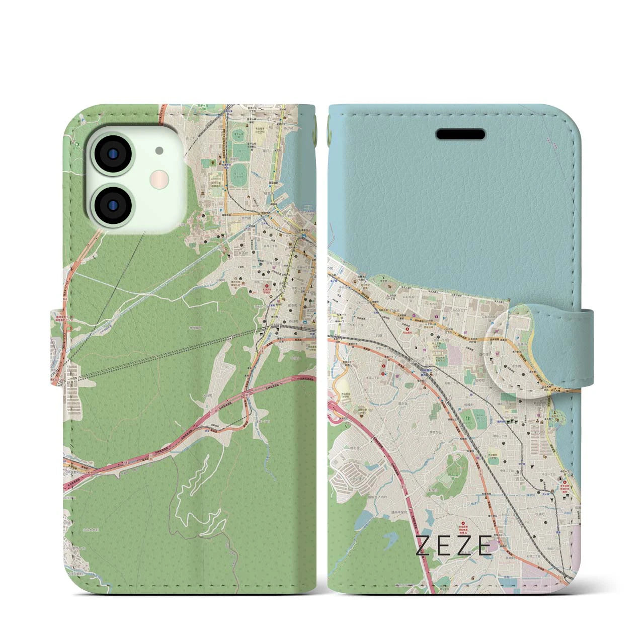【膳所(滋賀県)】地図柄iPhoneケース(手帳タイプ)ナチュラル・iPhone 12 mini 用