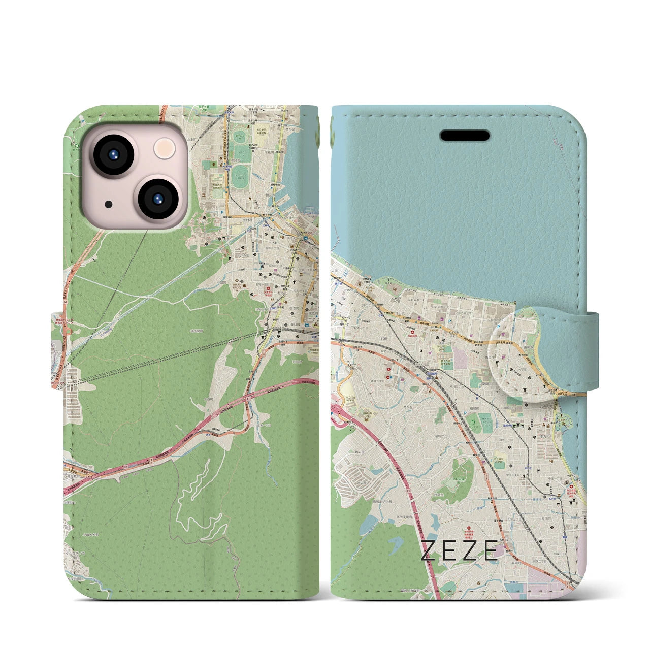 【膳所(滋賀県)】地図柄iPhoneケース(手帳タイプ)ナチュラル・iPhone 13 mini 用