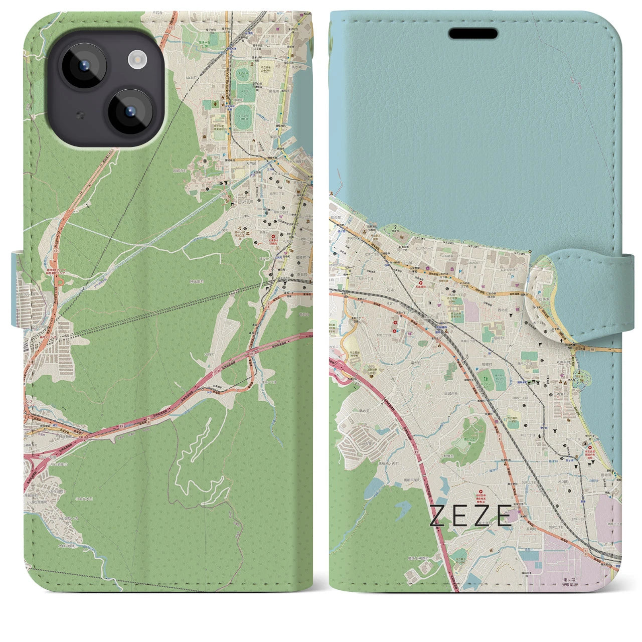 【膳所(滋賀県)】地図柄iPhoneケース(手帳タイプ)ナチュラル・iPhone 14 Plus 用