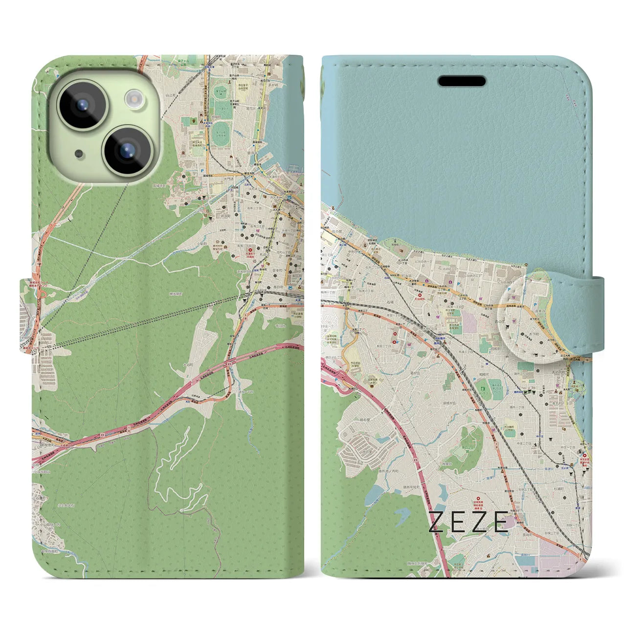 【膳所(滋賀県)】地図柄iPhoneケース(手帳タイプ)ナチュラル・iPhone 15 用