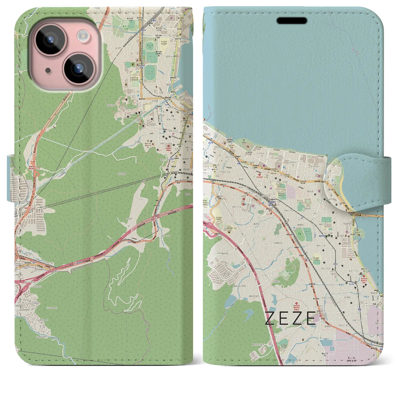 【膳所(滋賀県)】地図柄iPhoneケース(手帳タイプ)ナチュラル・iPhone 15 Plus 用