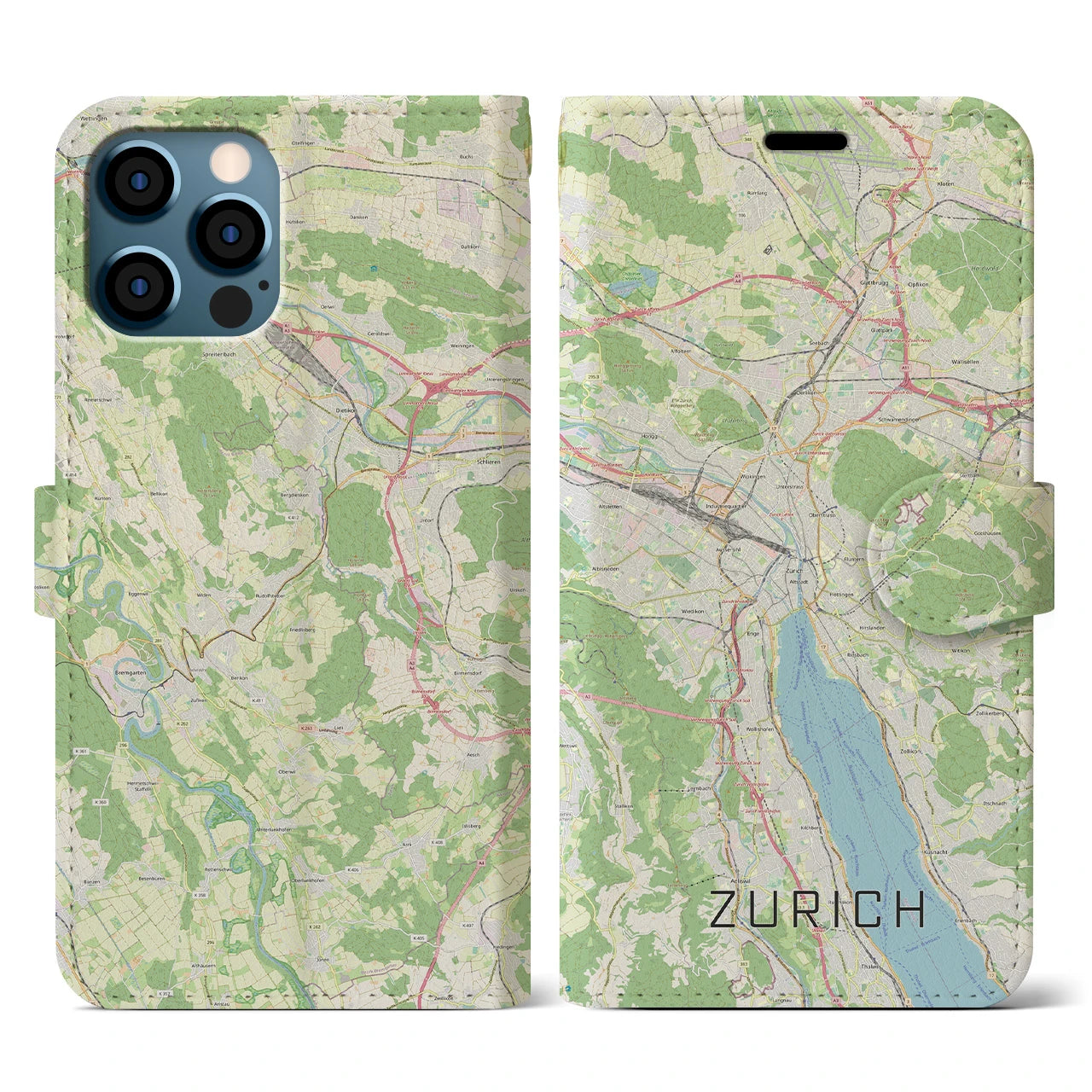 【チューリッヒ(スイス)】地図柄iPhoneケース(手帳タイプ)ナチュラル・iPhone 12 / 12 Pro 用