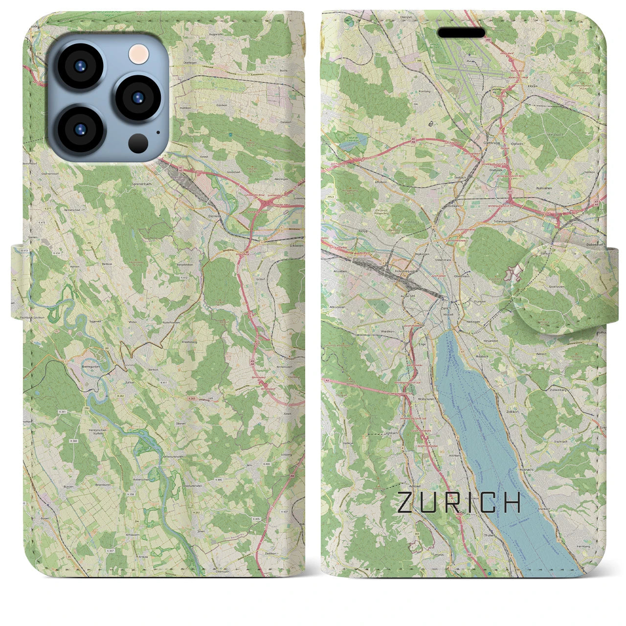 【チューリッヒ(スイス)】地図柄iPhoneケース(手帳タイプ)ナチュラル・iPhone 13 Pro Max 用