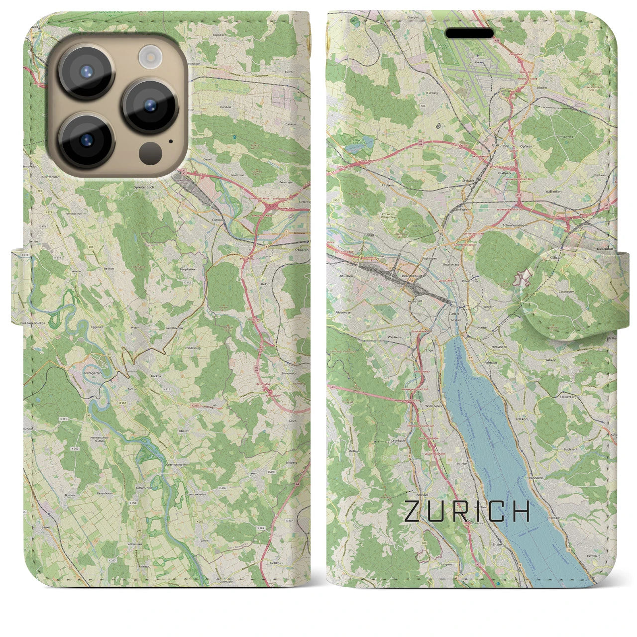 【チューリッヒ(スイス)】地図柄iPhoneケース(手帳タイプ)ナチュラル・iPhone 14 Pro Max 用