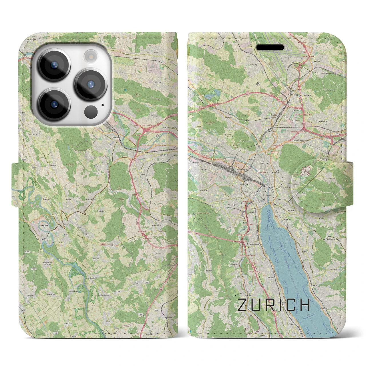 【チューリッヒ(スイス)】地図柄iPhoneケース(手帳タイプ)ナチュラル・iPhone 14 Pro 用