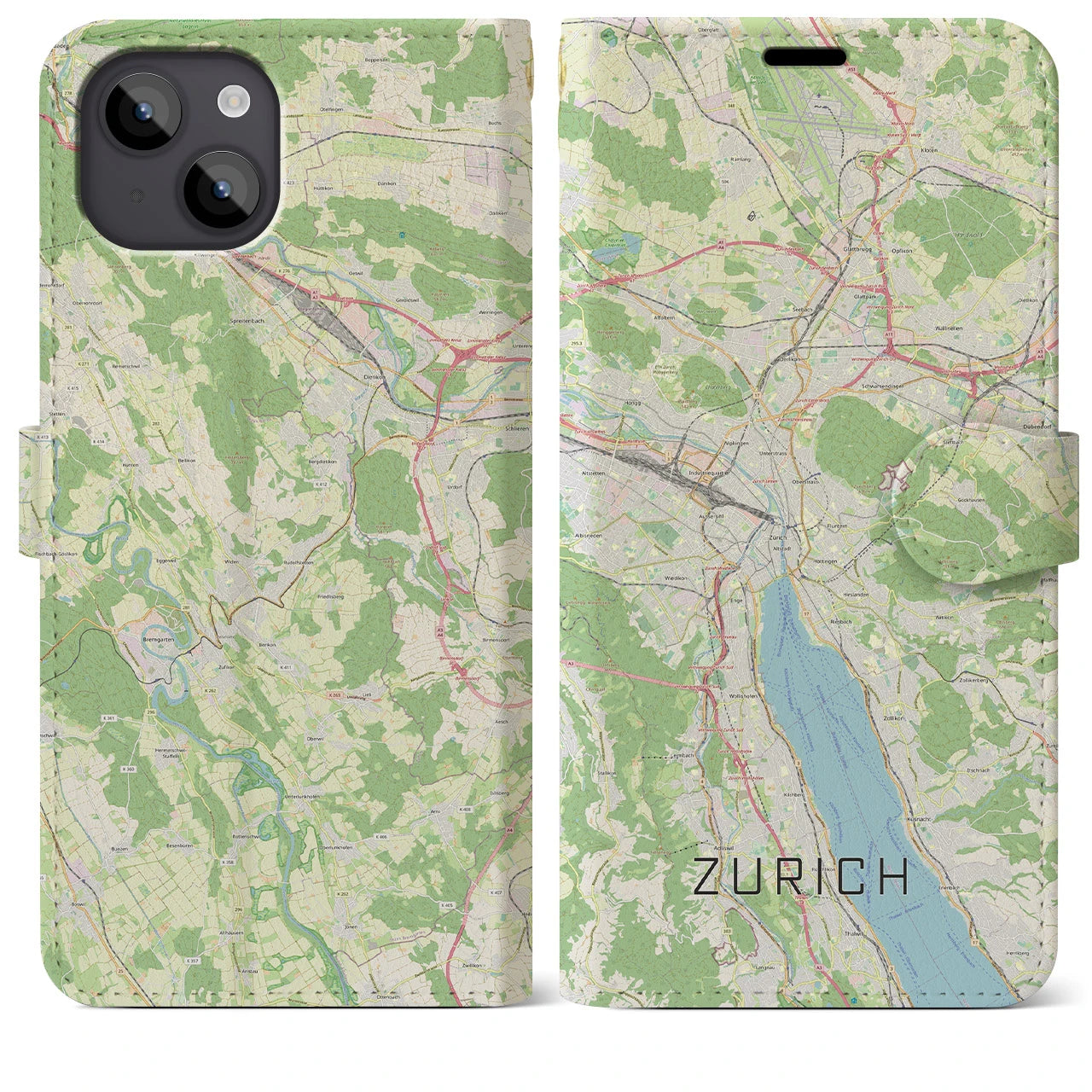【チューリッヒ(スイス)】地図柄iPhoneケース(手帳タイプ)ナチュラル・iPhone 14 Plus 用