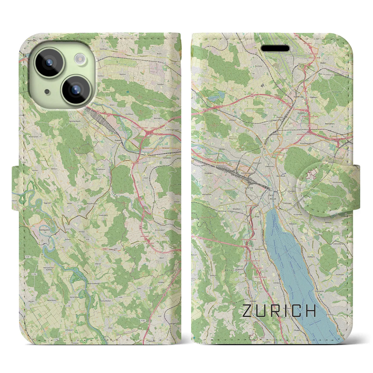 【チューリッヒ(スイス)】地図柄iPhoneケース(手帳タイプ)ナチュラル・iPhone 15 用
