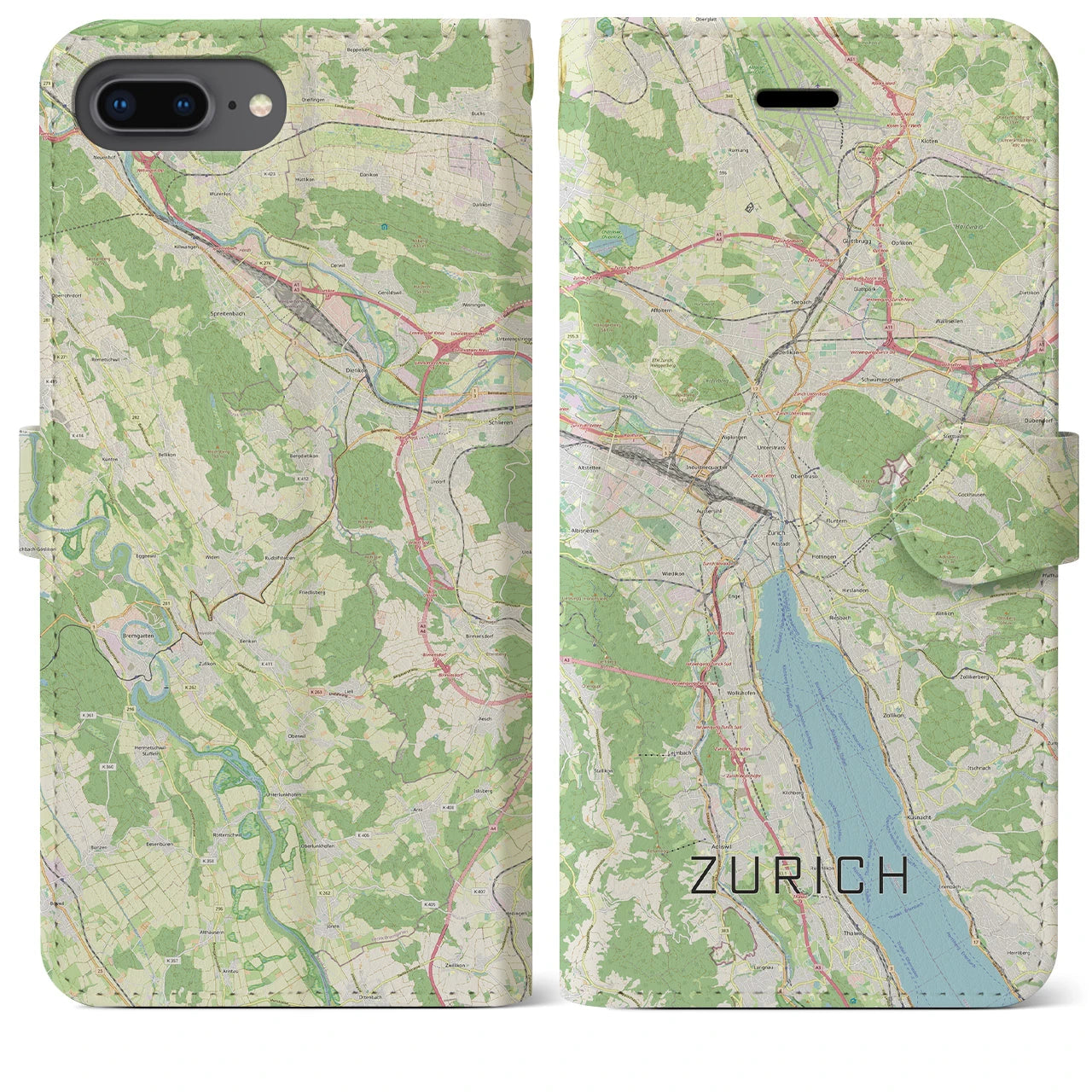 【チューリッヒ(スイス)】地図柄iPhoneケース(手帳タイプ)ナチュラル・iPhone 8Plus /7Plus / 6sPlus / 6Plus 用
