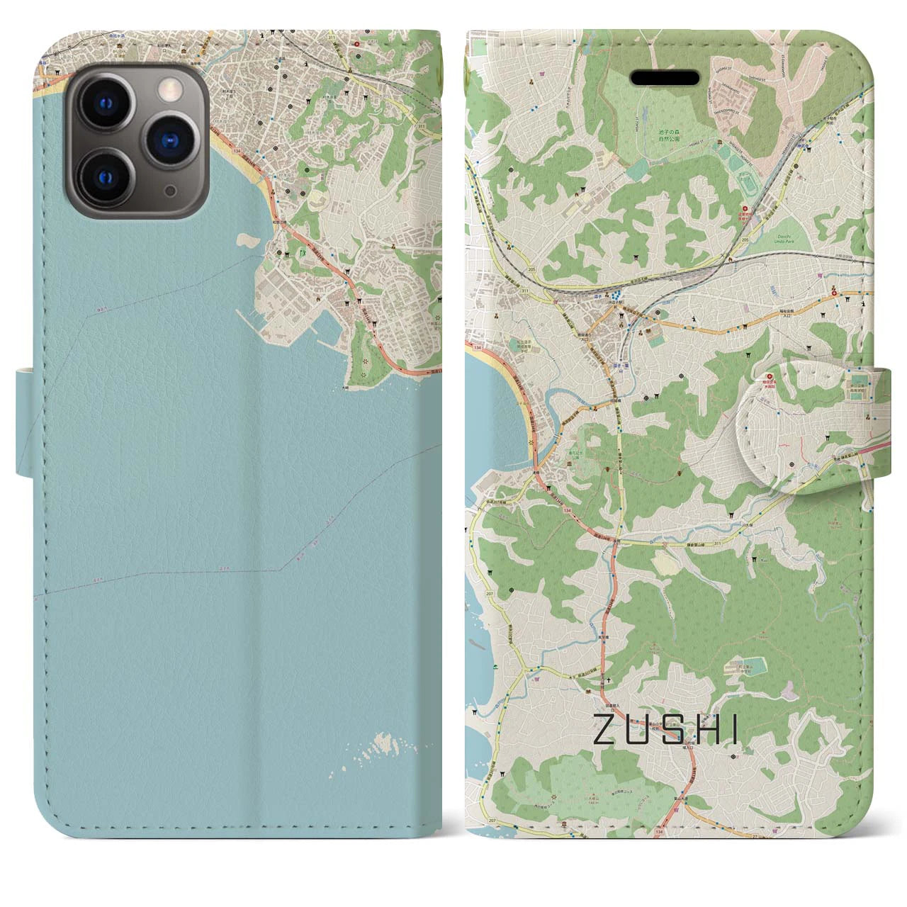 【逗子(神奈川県)】地図柄iPhoneケース(手帳タイプ)ナチュラル・iPhone 11 Pro Max 用